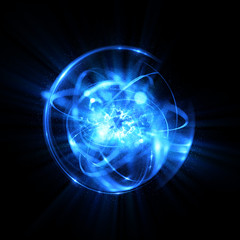 3D Atom icon. Luminous nuclear model on dark background. Glowing energy balls. Molecule structure. Trace atoms and electrons..Physics concept. Microscopic forms. Nuclear reaction element. Supernova