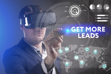 Business, Technology, Internet and network concept. Young businessman working in virtual reality glasses sees the inscription: Get more leads