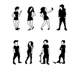 A vector illustration of teenagers in outdoors. Young people as character set in flat style isolated on white background