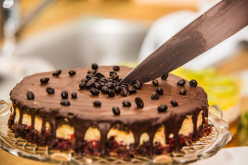 Delicious sweet baked cake with coffee beans and fruit.