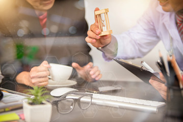 Medical technology network team meeting concept. Doctor hand working smart phone modern digital tablet laptop computer graphics chart interface, sun flare effect photo