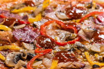 Food background, hot macro pizza
