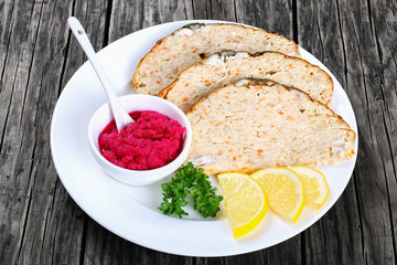 stuffed carp cut in slices, close-up