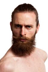 Obraz premium Portrait of cool hipster with long beard over white background in studio photo