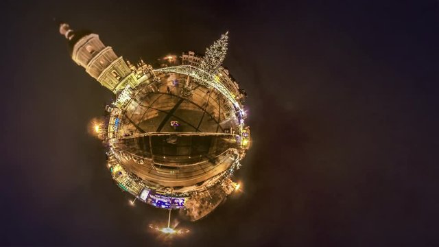 Mini Planet 360 Degree Christmas Night on Square Little Planet Sophia Cathedral Bell Tower in Kiev Dark Space Around Vintage Buildings People on Holiday