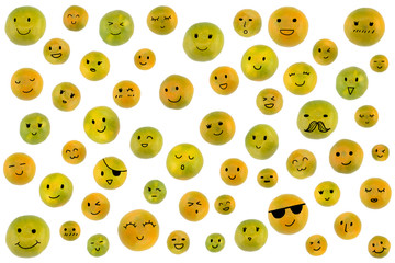 Mandarin oranges pattern with cartoon face isolated on white background