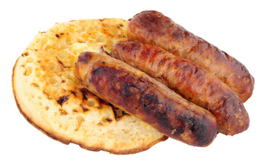 Grilled Pork Sausages On A Buttered Crumpet