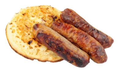 Grilled Pork Sausages On A Buttered Crumpet
