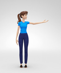 Smiling, Successful Jenny - 3D Cartoon Female Character Model - Presents Product or Service with Smile, in Casual Clothes, Isolated on White Spotlight Background