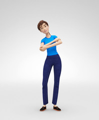 Fototapeta premium Kind, Gently Smiling Jenny - 3D Cartoon Female Character Model - Half-Dancing Playfully, in Casual Clothes, Isolated on White Spotlight Background 