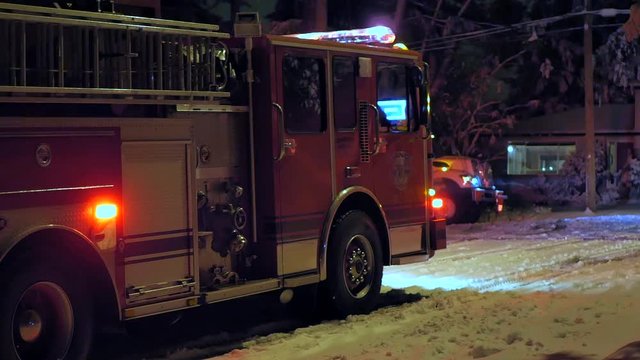 4K Fire Truck Engine, Red Flashing Lights Emergency Firetruck at Dark Night