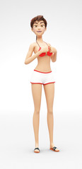 Rogue, Arrogant and Frivolous Jenny - 3D Cartoon Female Character Model - Self-Assured in Overconfident Dandy Stance, in Casual Two-Piece Swimsuit Bikini, Isolated on White Spotlight Background