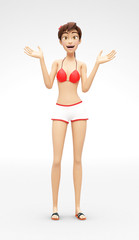 Amazed and Perplexed by Aha Moment, Smiling Jenny - 3D Cartoon Female Character Model - Surprised with Wow Effect, in Casual Two-Piece Swimsuit Bikini, Isolated on White Spotlight Background