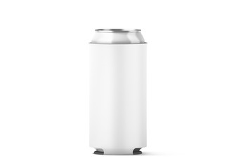 Blank white collapsible beer can koozie mock up isolated, for 500 ml, 3d rendering. Empty neoprene cooler holder mockup for tin beverage. Plain drinkware hugger design template. Clear soda sleeve
