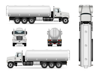 Tanker truck vector template for car branding and advertising. Isolated tanker car set on white. All layers and groups well organized for easy editing and recolor. View from side, front, back, top.