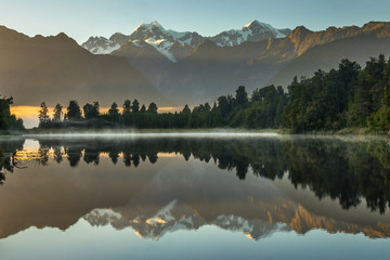 Lake Matheson. Locate near the Fox Glacier in West Coast of South Island of New Zealand.It is famous for its reflected views of Aoraki/Mount Cook and Mount Tasman.