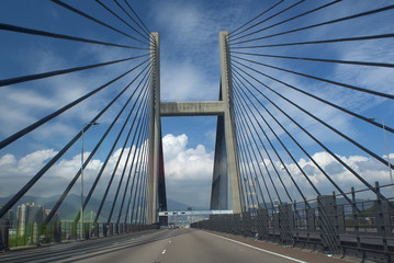 Fototapeta premium Tsing Ma Bridge, Modern industrial city. The centre of Asia.