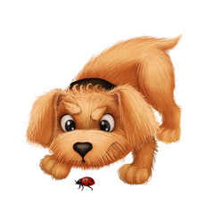 Naklejka premium Cute Little Furry Puppy - Cartoon Animal Character Playing with Ladybug - Hand-Drawn Animated Mascot for Illustration, Magazine, Children's Book, Cover, Invitation, Greeting or Post Card