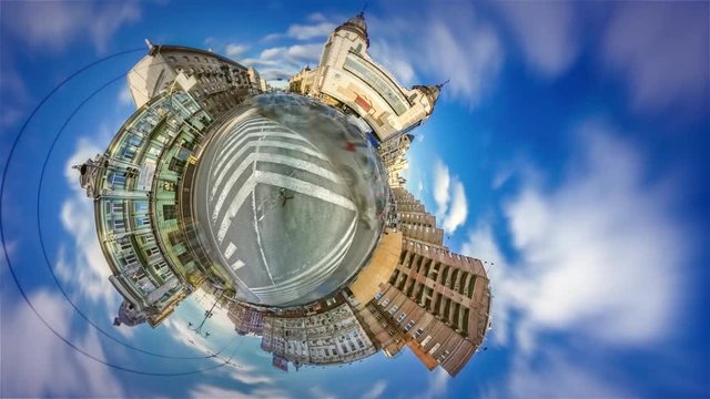 Mini Planet 360 Degree Traffic in Kiev Globalization Sunny Day Road Marking Downtown Nearby Plaza Buildings Facades Cityscape Vacation in Famous Capitals