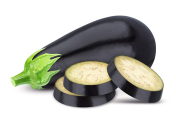 Whole and sliced eggplant isolated on white background, with clipping path © xamtiw