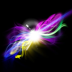 Colorful Abstract Light Shape with Fractal Effect, Bright Flare with Glowing Waves of Lines - High-Resolution Elements Isolated on Black Background Easy to Apply to Your Design