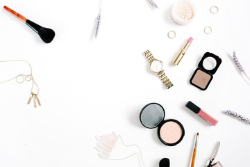 Beauty blog concept. Professional female make up accessories: watches, necklace, lipstick, brush, powder on white background. Flat lay, top view trendy fashion feminine background.