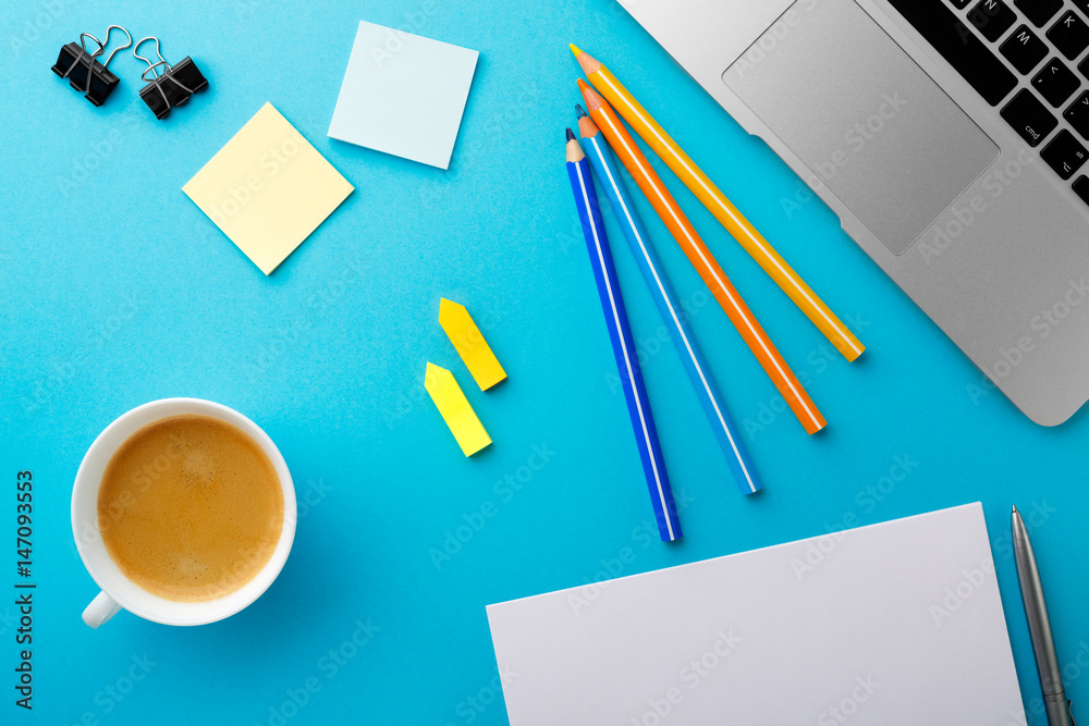Aufkleber start of morning work office desk with a cup of coffee computer laptop pencil sheet paper notebook p
