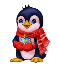 Season's Greetings with Cute Little Penguin in Funny Scarf Holding Party Toys - Merry Christmas and New Year with Hand-Drawn Character for Greeting or Post Card, Banner, Gift Card, Poster or Booklet