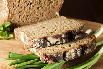 Black bread with green onions and Basil