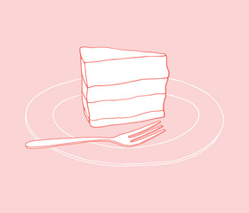 Cartoon piece of cake on the plate with dessert fork. Cafe hand drawn illustration 