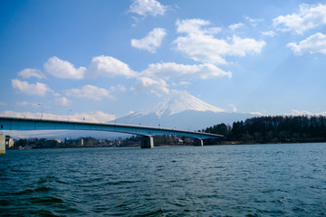 Fujisan under cloudy sky view from lake Kawaguchi