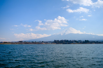 Fujisan under cloudy sky view from lake Kawaguchi