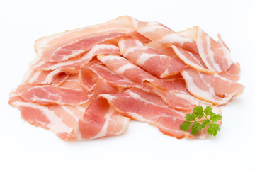 Bacon isolated on white background. Delikatese food.