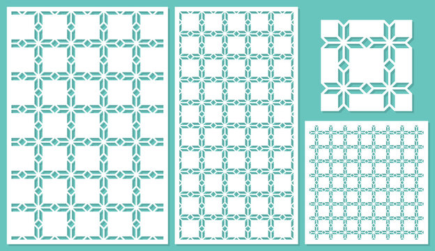 Set of decorative panels laser cutting. Template geometric pattern. The ratio of 2: 3, 1: 2, 1: 1, seamless. Vector illustration.