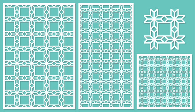 Set of decorative panels laser cutting. Mosaic geometric pattern. The ratio of 2: 3, 1: 2, 1: 1, seamless. Vector illustration.