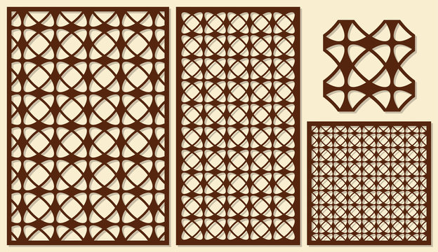 Set of decorative panels laser cutting. Classic universal geometric pattern. The ratio of 2: 3, 1: 2, 1: 1, seamless. Vector illustration.