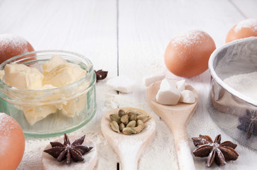 Homemade bakery, baking ingredients on rustic desk