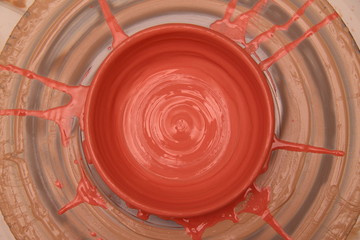 Cay pot painted on a potter wheel, modeling of pot hands, the sculpting of the hands.