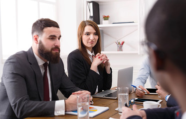 Business meeting. Young hipster businesswoman in modern office