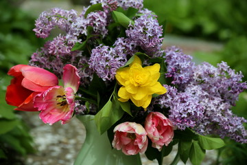 Beautiful Lilac Bouquet with Tulips and Daffodils