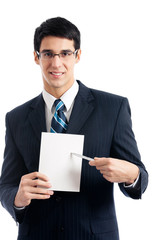 Businessman showing signboard with copyspase, on white