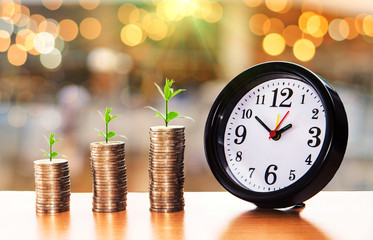 Money Stack and Clock, Business success growing concept, Trees on pile of coins money with clock...