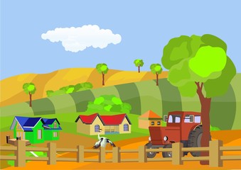 vector illustration of Farm tractor and green field, hills and farm houses on background.
