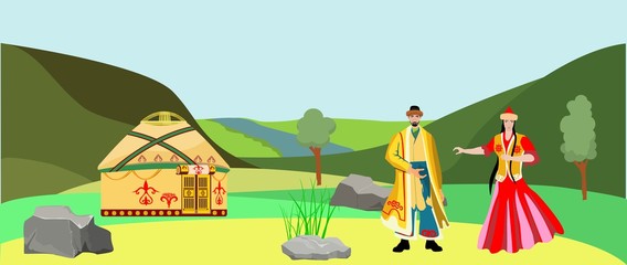 Kazakh people in national dress, vector flat landscape in bacground