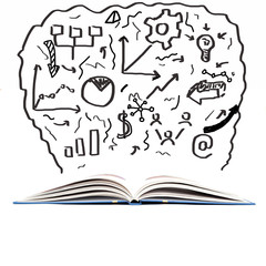 the concept of business training. the icons drawn on a book by hand