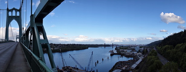Looking out at the Willamette River from St Johns bridge in Portland, Oregon
