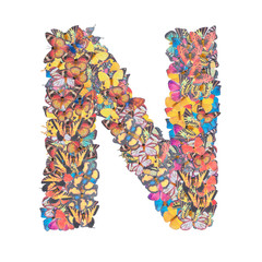 Letter N alphabet with butterfly ABC concept type as logo isolated on white background