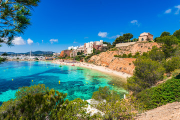 Beautiful view of the seaside beach Platja de l'Oratori Puerto Portals Nous on Mallorca Spain