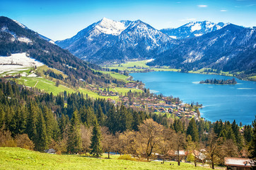 Panoramic landscape with mountain lake of Schliersee near Tegernsee, German Alps, Bavaria, Germany
