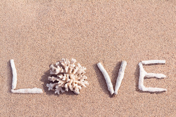 Fototapeta na wymiar Love word written from corals on the beach 